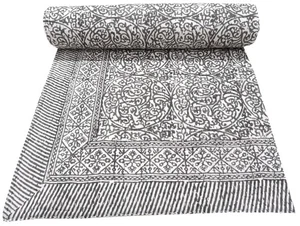 Flower Hand Block Print Kantha Bedspread, Indian Handmade Reversible Bedding - Picture 1 of 8