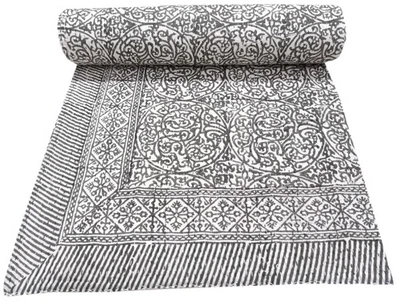 Flower Hand Block Print Kantha Bedspread, Indian Handmade Reversible Bedding - Image 1 of 4