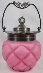 Florette Biscuit Jar Consolidated Glass Pink Satin Diamond Quilted Antique - Picture 1 of 14