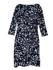 Lauren Ralph Lauren Blue White V-Neck Geometric Print Sheath Dress Size 8 - Picture 1 of 24
