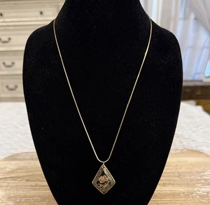 Vintage Gold Tone Black Floral Cloisonné Pendant Chain Statement Necklace - Picture 1 of 3