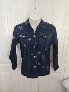 Quacker Factory Dark Blue Jean Denim Jacket STARS Rhinestone Bling Small Pockets - Picture 1 of 10