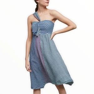 Anthropologie Maeve Waverly Dress One-Shoulder Checkered gingham midi asymmetric - Picture 1 of 16