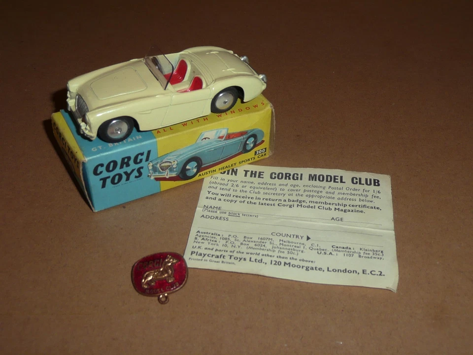 Corgi Toys. No. 300 Austin Healey Sports Car. Boxed. + Model Club Lapel Badge. - Image 1 of 4
