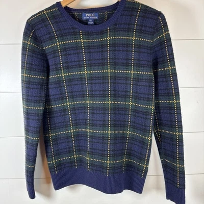 Polo Ralph Lauren Tartan Plaid 100% Wool Sweater Navy Blue Green XL Runs Small - Image 1 of 4
