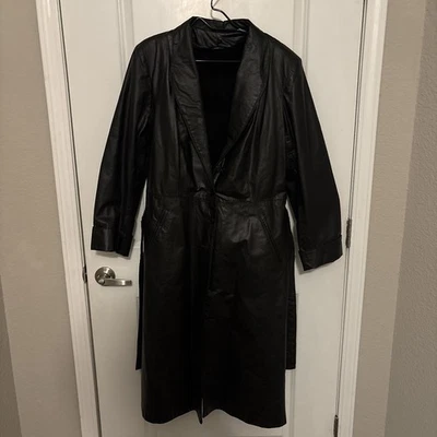 Avanti USA Womens Leather Trench Coat Sz 18 Real Lamb Fur Trim Grained Cowhide - Image 1 of 4