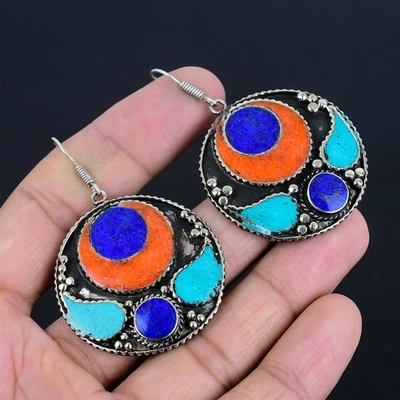 Lapis Lazuli Coral Turquoise 925 Sterling Silver Tibetan Vintage Earring 2.4" d6 - Image 1 of 4