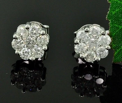 14k solid  white gold diamond  stud earring  cluster 1.00 ct - Image 1 of 4