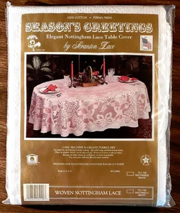 1950s Scranton Lace, Nottingham Season's Greeting Tablecloth Rectangle 70x126 - Picture 1 of 1