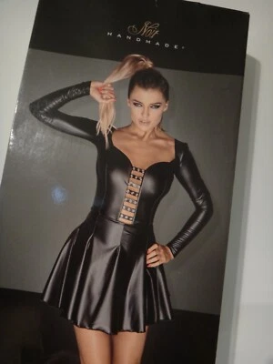 Нуар ручной работы - шикарный длинным рукавом Wetlook мини-платье черный - размер средний/38 новый - Изображение 1 из 4