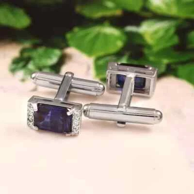 Camisa de hombre gemelos enchapados en oro amarillo de 14 quilates esmeralda zafiro azul creado en laboratorio Foto 1 de 4