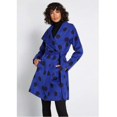 Modcloth Intelligent Around Town Belted Coat XXS NEW Blue Black Polka Dot Retro - Image 1 of 4