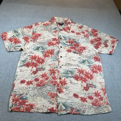 Lands End Hawaiian Shirt Mens L Short Sleeve Red Floral Sail Boat Aloha Vintage - Image 1 of 4