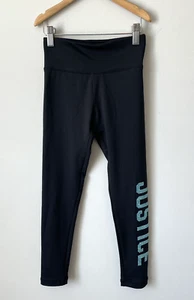 Justice Black Leggings L Teal Blue Sparkle Logo Girls Size 8 Full Length Pants - Picture 1 of 7