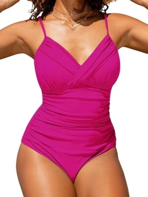 Traje de baño de una pieza acolchado cuello sobrepelliz rosa talla 10 Lauren Ralph para mujer Foto 1 de 4