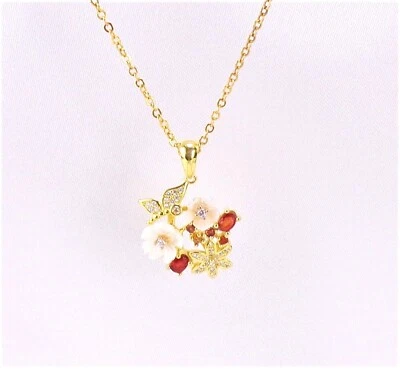 Charming Carved MOP Flower Butterfly 18" Necklace Ruby & CZ's 14K on Sterling - Image 1 of 4
