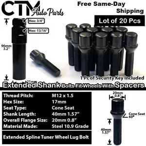 20x Mercedes Black 12x1.5 Spline Lug Bolt 40mm Shank Fit Rim w/ 10-15mm Spacer - Picture 1 of 6