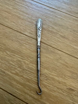 Antique Sterling Silver Handle Button Hook w/ Flower Beaded Scrolling Design - Image 1 of 4