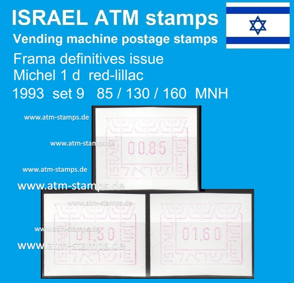 Sellos de cajero automático de Israel 1993 / Michel 1 / juego 9 / 85/130/160 MNH Frama Klussendorf CVP Foto 1 de 1
