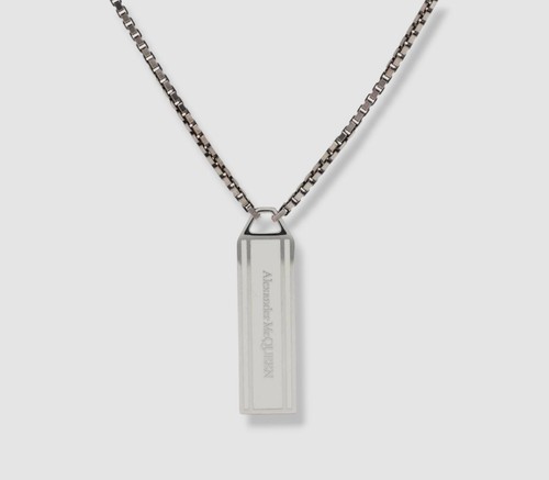 Collana uomo Alexander McQueen argento smalto bianco logo etichetta