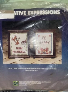 Set of 2 CE THINK POSITIVELY & BE HAPPY Cross Stitch SEALED Kit - 4" x 5" ea. - Picture 1 of 4