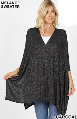 Suéter Pancho Para Mujer Zenana Outfitters Gran Tamaño Cuello en V Color Gris Carbón 2X Foto 1 de 4