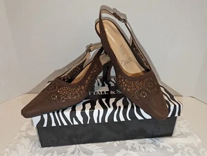Whittall & Shon Women's H78 Mocha Pointed Toe Slingback Beaded Heel Sz 10 - Picture 1 of 7