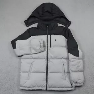 Polo Ralph Lauren Jacket Youth XL Grey Black Down Fill Puffer Pony Hooded Coat - Picture 1 of 18