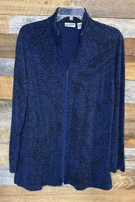 Chaqueta Camisa Vintage Chico’s Travelers Cremallera Chico’s Talla 3 Azul Negro Jacquard Foto 1 de 4