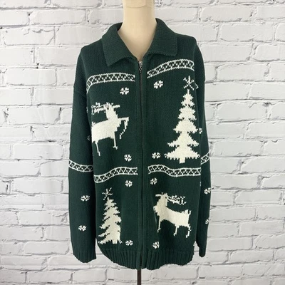 Vintage Crazy Horse Full Zip Knit Sweater XL Reindeer Green Christmas Holiday - Image 1 of 4