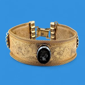 PULSERA DE COLECCIÓN INTAGLIO HEMATITA CAMAFEO/MALLA EN RELIEVE tono dorado negro 7 pulgadas B4 - Imagen 1 de 15