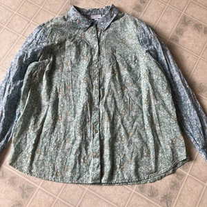 J. Jill Floral Abalone Button Down Blouse Large Long Sleeve Blue Green Cotton - Picture 1 of 5