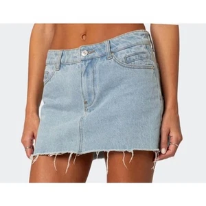 Edikted Jessie Low-Rise Denim Jean Skirt Sz XL Light Blue Raw Hem Fringe Y2K NEW - Picture 1 of 12