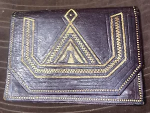 Vintage African Authentic Handmade Embroidered Brown Leather Men’s Clutch Bag - Picture 1 of 11