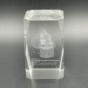 3D Laser Etched Crystal Cube Paperweight with Santa in chimney words "Believe" - Picture 1 of 5