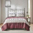 Hunting Cabin Brown Red Beer Elk Plaid 3 pcs Quilt Coverlet Cal King Queen set