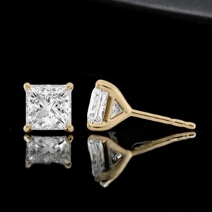 18K Yellow Gold Princess IGI Lab Created Diamond Stud Earrings 2 Carat E F  VS - Picture 1 of 8