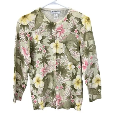 Pendleton Silk Cardigan Sweater size S Floral Cream Green Pink Lightweight - Image 1 of 4