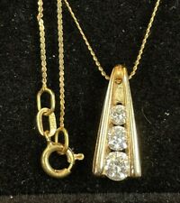 VINTAGE ESTATE 14K GOLD NATURAL DIAMOND PENDANT LINEAR SIGNED DIAMONDS CHAIN 