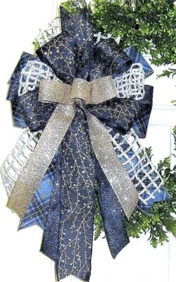 10 " BLUE WINTER BERRY BOW for DOOR WREATH SWAG GARLAND MAIL FENCE # 140 rb - Image 1 of 4