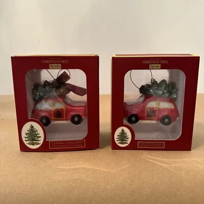 DOS Spode Árbol de Navidad Vacaciones Rojo Coche Estación Vagón Árbol En la Parte Superior Adornos Nuevo en Caja Foto 1 de 4