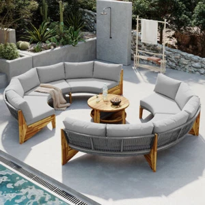 6 Person Outdoor Seating Group with Cushions and A Coffee Table Half Moon Design - Picture 1 of 24