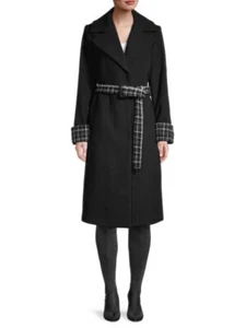 NWOT $400 Tahari Tia Patterned Trim Belted Wool Coat M - Picture 1 of 8