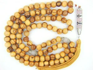 8mm x 99 GENUINE OLIVE WOOD TASBIH with ROSE QUARTZ IMAM & CAPPED MARKERS - Picture 1 of 3