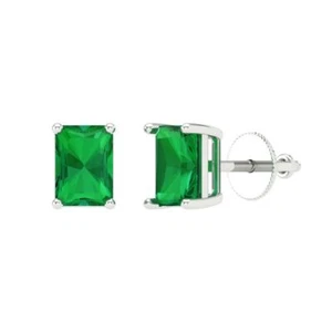 2.0 ct Emerald Cut Solitaire Studs Gemstone Solid White Gold Earrings Push back - Picture 1 of 30