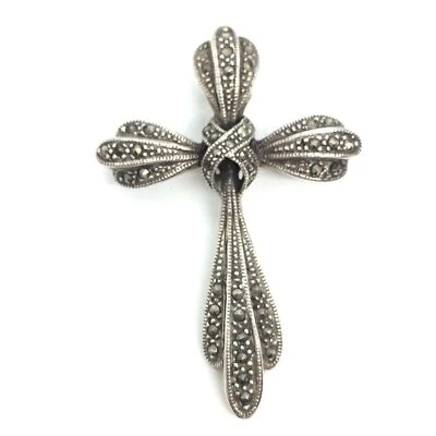 VINTAGE 1980S MARCASITE STERLING SILVER CROSS BROOCH PENDANT SPARKLING STONES - Image 1 of 4