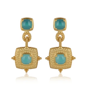 Aqua Chalcedony Gemstone 925 Silver Gold Plated Hammered Design Earrings - Picture 1 of 5
