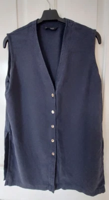 100% Noil Silk Long Shirt Blouse Tunic Sleeveless Navy Blue Size 12 Great Plains - Image 1 of 4