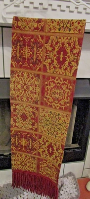 Vtg Burgundy Gold Tapestry Table Runner with Fringe Jacquard Bed or Table - Image 1 of 2