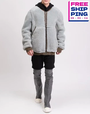 PVP €4240 RICK OWENS PORTEVILLE Chaqueta de bombardero de piel de oveja IT52 US42 L azul con cremallera Foto 1 de 4